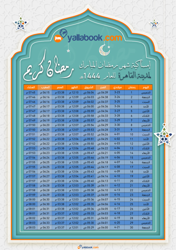 امساكيه رمضان مدينه القاهرة 1444 هجريا